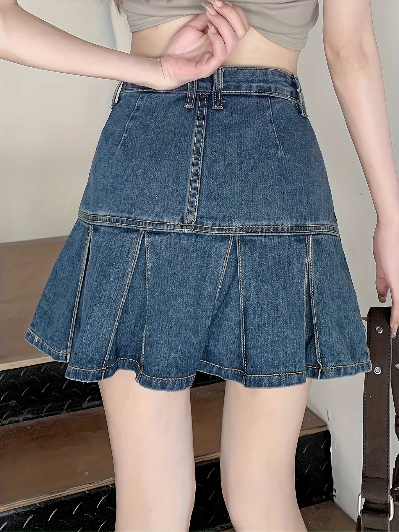 High-Waisted Pleated A-Line Mini Skirt for Women - Slim Fit, Non-Stretch Cotton, Button Closure, Machine Washable - Retro Chic Style for Spring, Summer, and Fall Seasons