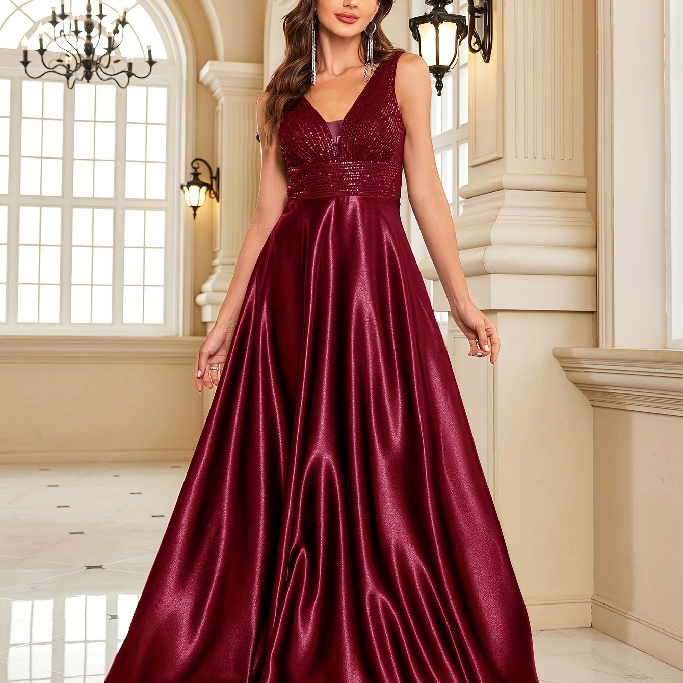 LOVECCR Sequin Sleeveless Bridesmaid Dress, Elegant V-neck Floor Length Dress For Wedding Party, Women's Clothing Wedding/Evening dress/Occasion/Engagement/Ceremony