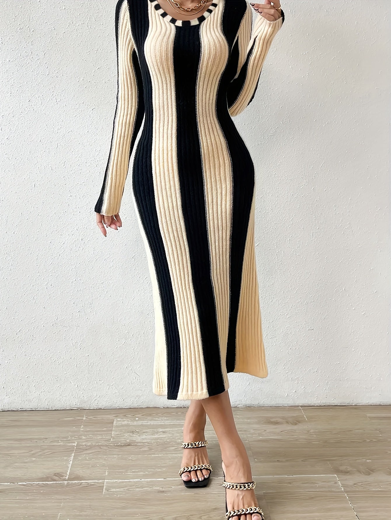 Elegant Striped Bodycon Dress | Fall/Winter Chic Long Sleeve Color Block - Rib-Knit, Crew Neck, Warm Acrylic Blend