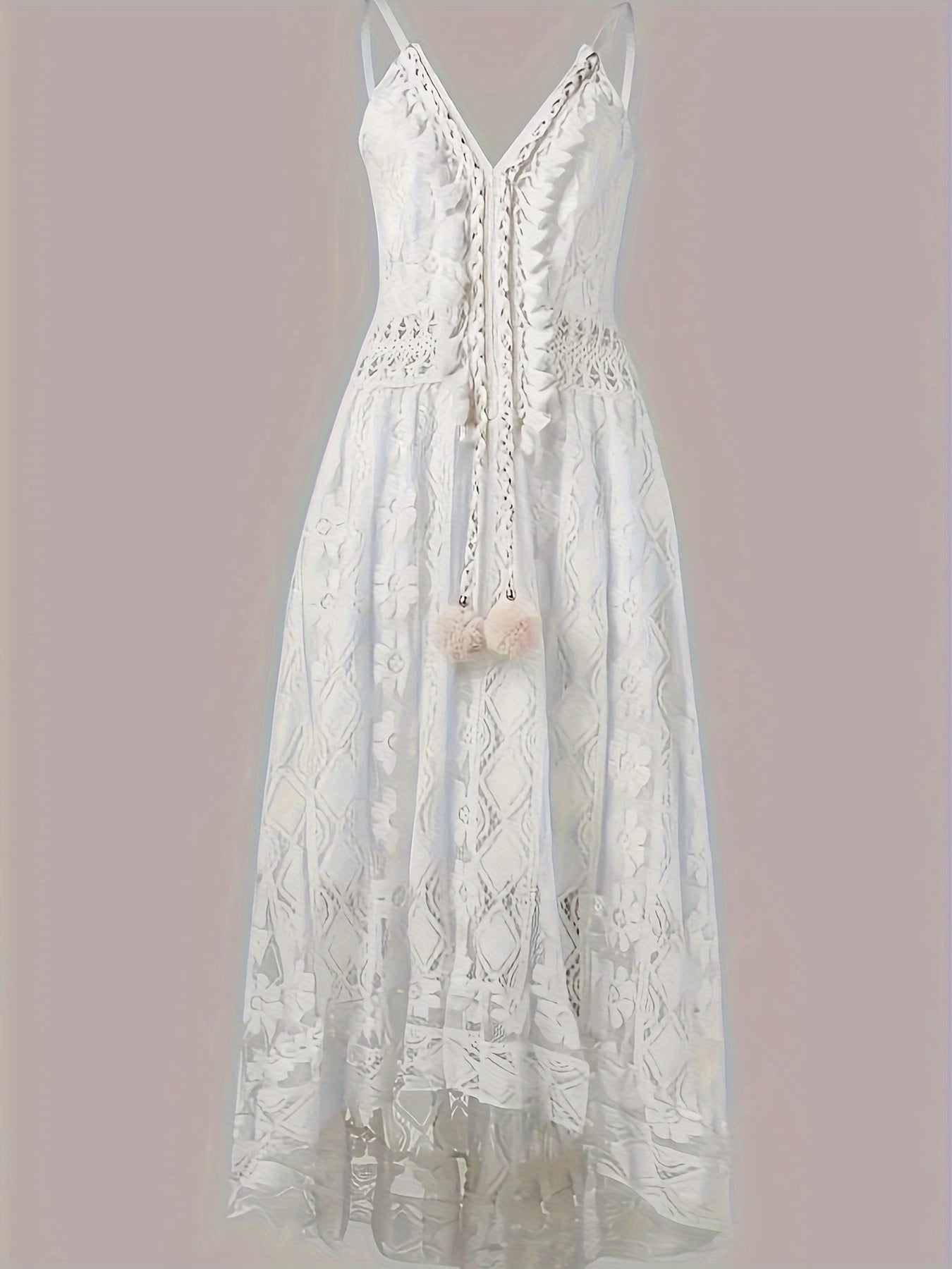 Chic Sleeveless Lace Cami Dress - Elegant Dipped Hem & Tassel Detail - Versatile for Evening & Casual Wear