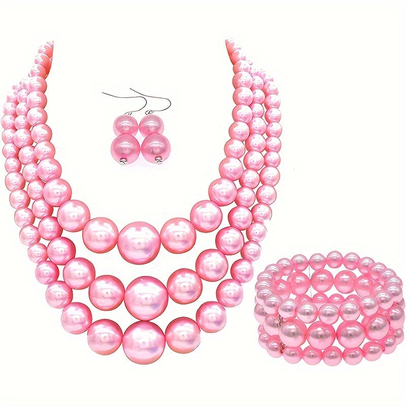 3-Piece Bohemian Faux Pearl Jewelry Set - Exquisite Multi-Layer Design with Stunning Necklace, Dainty Bracelet, and Elegant Earrings - Luxurious, Vintage-Inspired, and Perfect as a Festive Gift Set