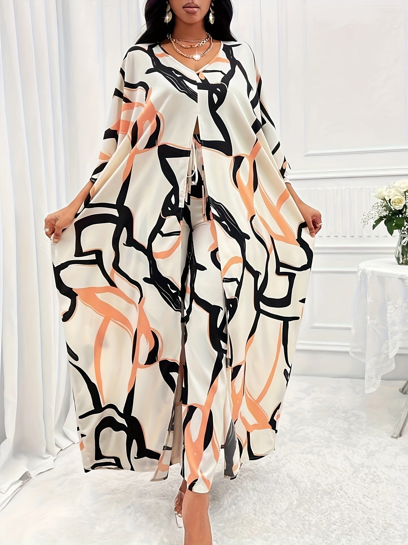 Two-Piece All Over Print Elegant Outfit - V Neck Batwing Sleeve Slit Top & High-Waisted Pants Set - Polyester, Non-Elastic, Woven, Random Print, Suitable for All Seasons