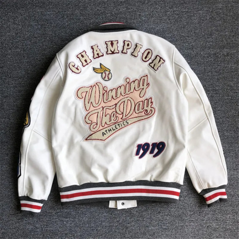 Jackets Men's Spring and Autumn Baseball Uniform Y2K Retro Trend Leather Jacket Heavy Industry Embroidery White Short Coat Ins