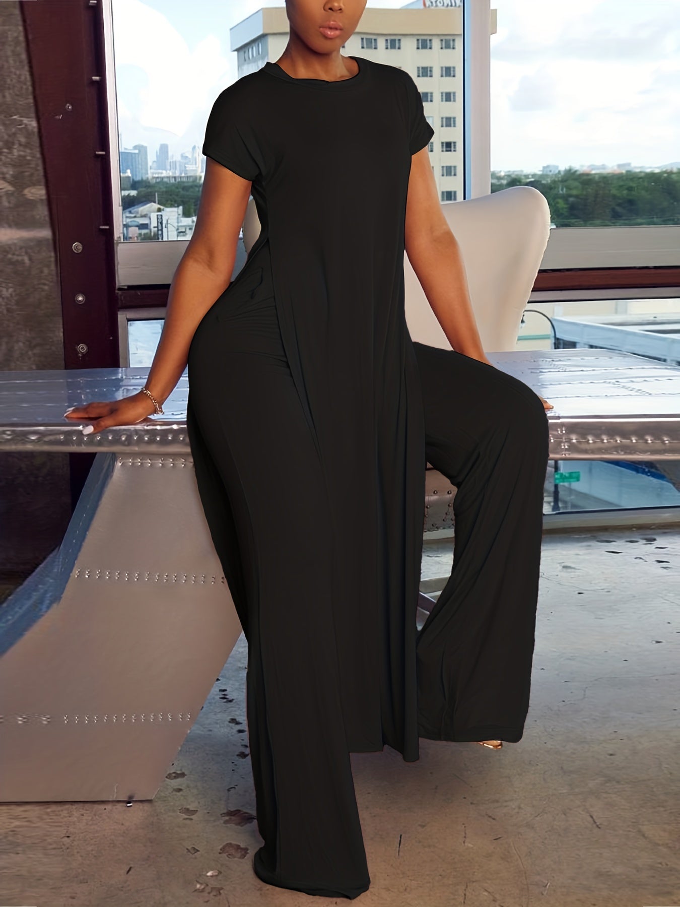 Two-Piece Casual Matching Set - Crew Neck Split T-Shirt & Wide Leg Pants Outfit with Micro Elasticity, Polyester Fabric, Solid Color, and Knit Construction for All Seasons