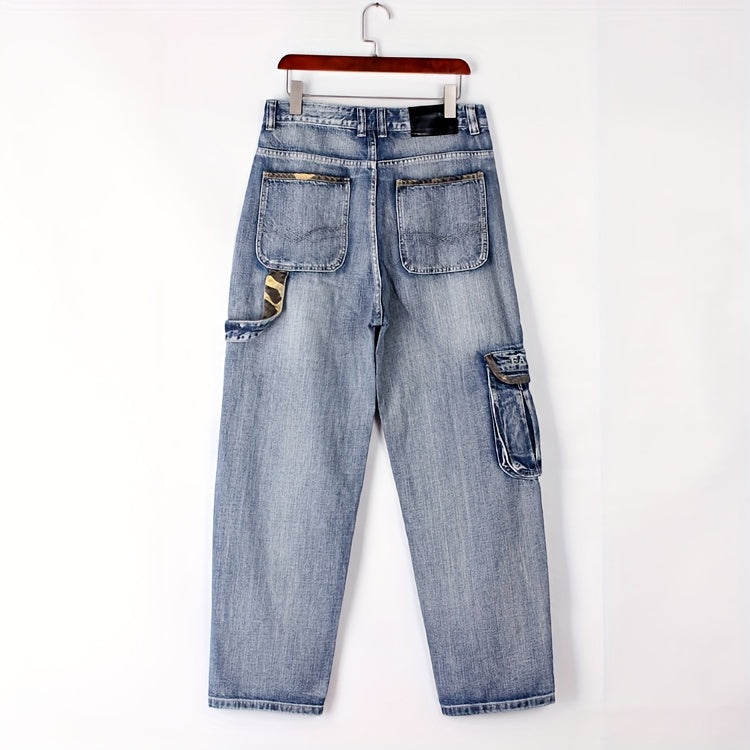 Plus Size Men's Fashionable Multi-Pocket Straight Leg Jeans - Stylish Street Dance and Skateboard Wear with Loose Fit, Round Neck, and Hip Hop Inspiration - Daily Wear for Casual Occasions
