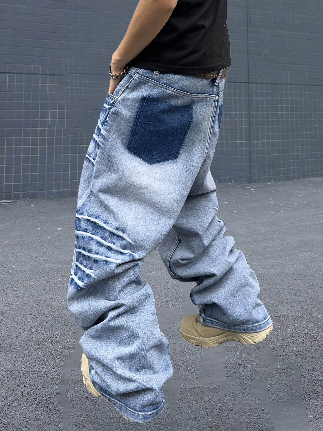 Men's Fashion Retro Washed Lightning Stripe Casual Loose Fit Cotton Blend Jeans with Pockets - Woven, Non-Stretch, Solid Color, Regular Length for Spring/Fall