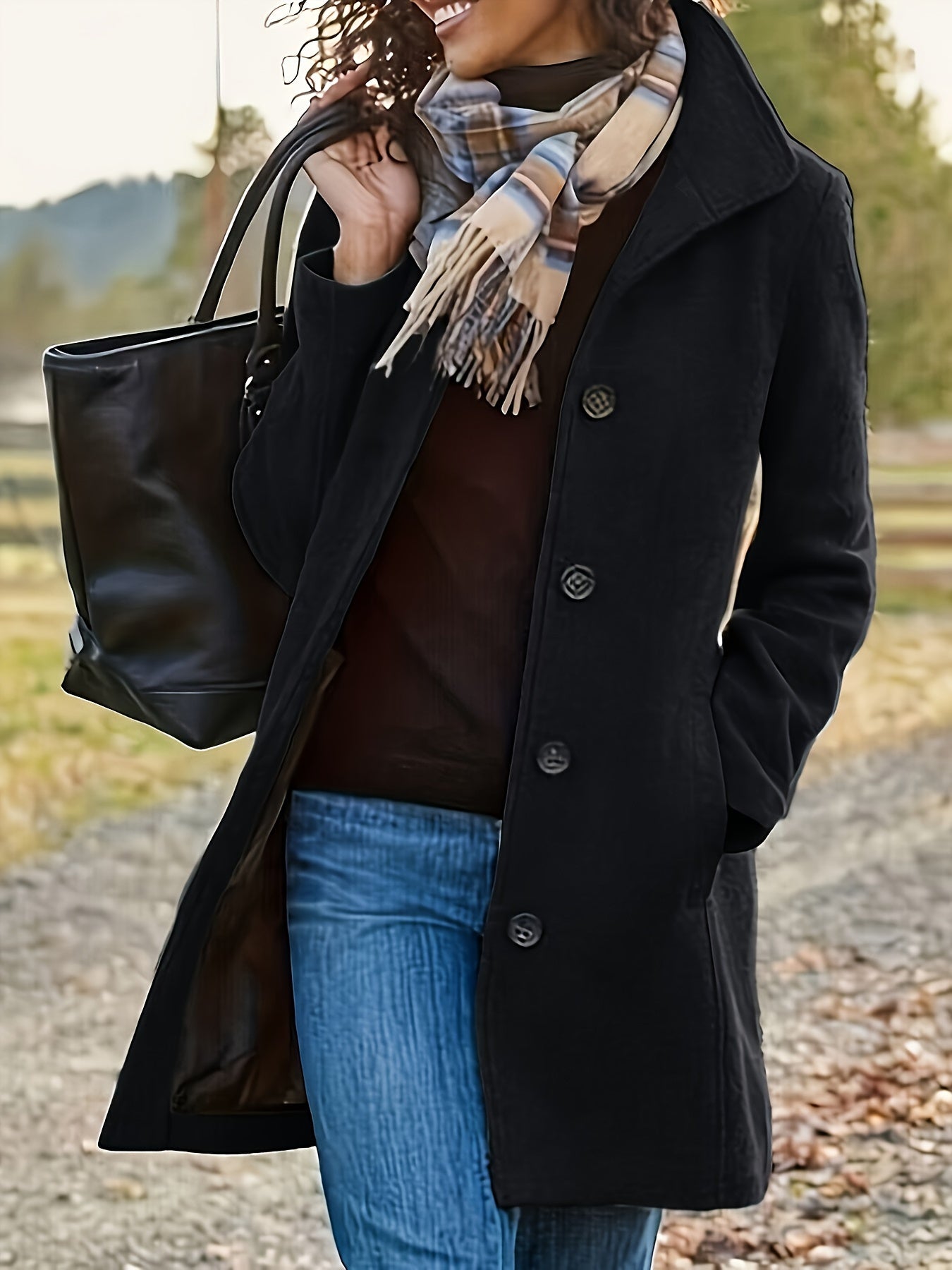 Solid Single Breasted Coat, Casual Long Sleeve Fall & Winter Outerwear, Women's Clothing