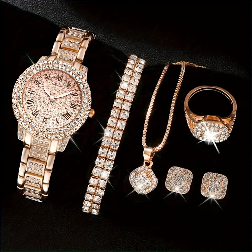 5 Pcs Round Quartz Watches Stainless Steel Strap Alloy Pointer Stainless Steel Dial And Rhinestone Bracelet Necklace Ring Jewelry For Women Gifts For Eid