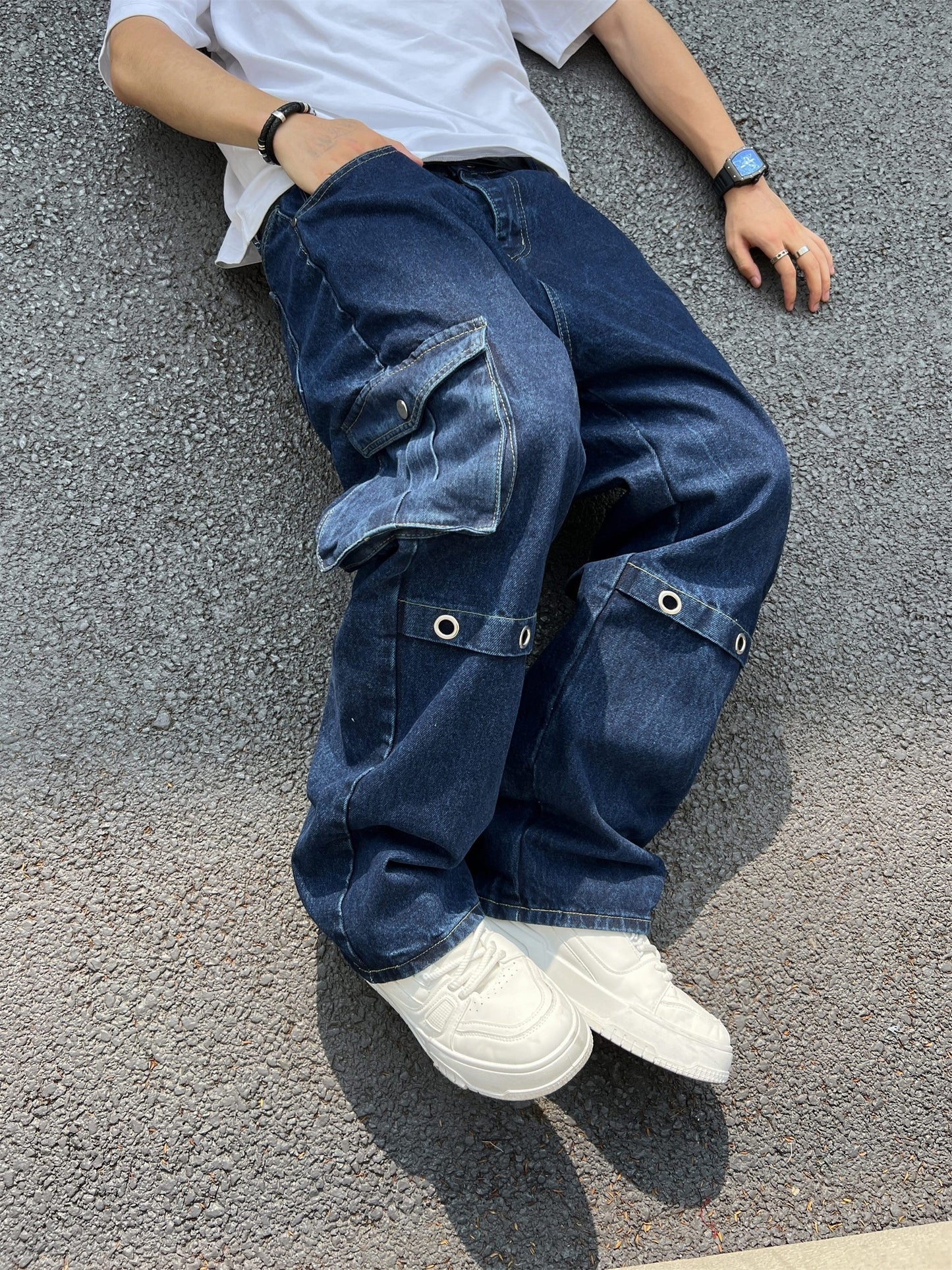 Men's Casual Loose Fit Jeans, Chic Street Style Multi Pocket Denim Pants