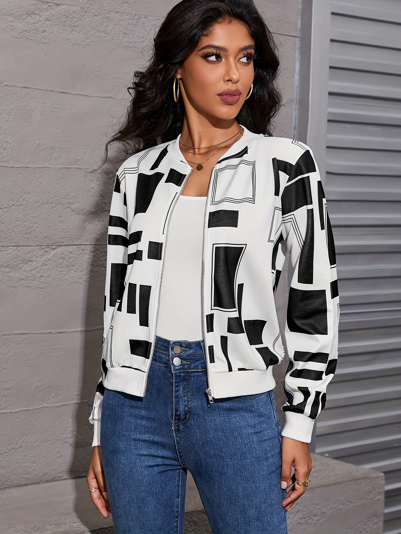 Vibrant Geometric Print Zip-Up Bomber Jacket - Stylish Long Sleeve Casual Wear for Spring & Fall Seasons - Women's Fashion Clothing for Everyday Comfort
