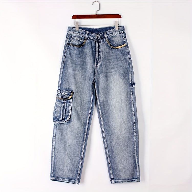 Plus Size Men's Fashionable Multi-Pocket Straight Leg Jeans - Stylish Street Dance and Skateboard Wear with Loose Fit, Round Neck, and Hip Hop Inspiration - Daily Wear for Casual Occasions