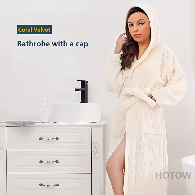 Super Soft Coral Velvet Hooded Bathrobe, Unisex Winter Warm Robe, Polyester & Polyamide Blend, Absorbent, Casual Knit Long Robe with Hood & Pockets, Machine Washable, Universal Space Theme, for Autumn & Winter - 350gsm Towel Fabric