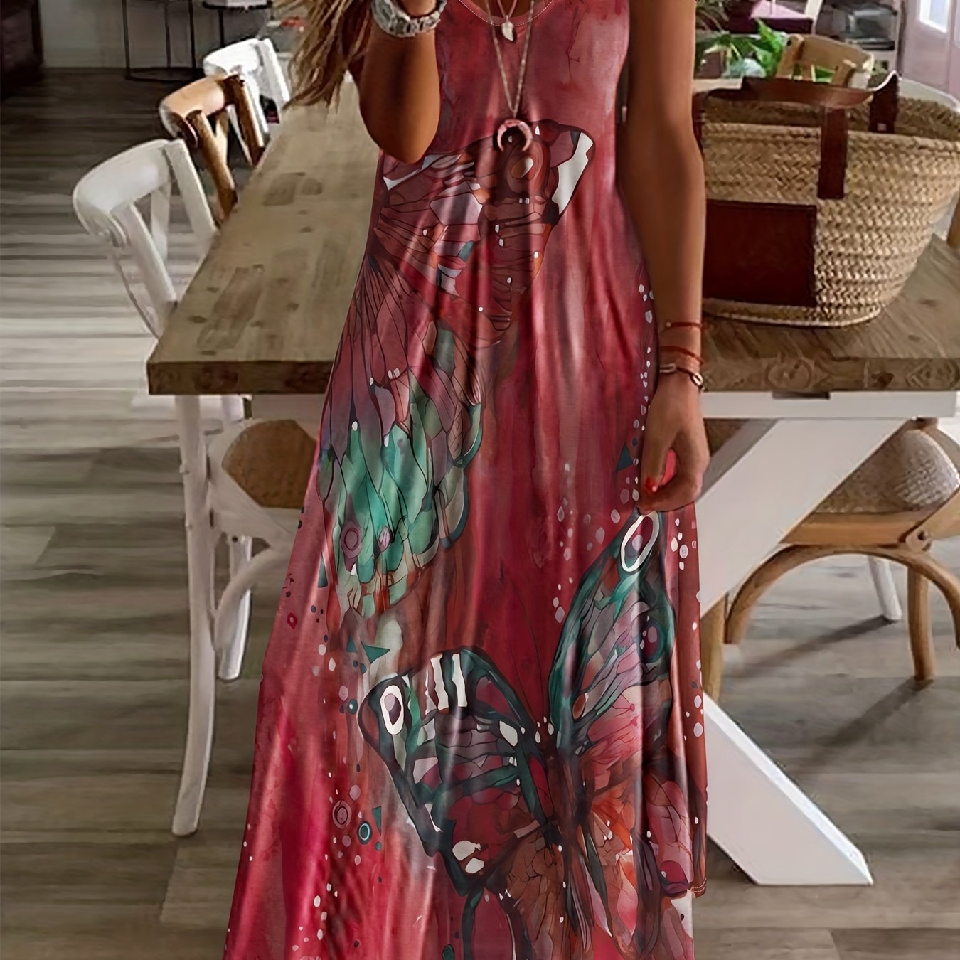 Butterfly Print V-Neck Casual Dress - Lightweight & Feminine for Spring & Summer - Short Sleeve, Comfortable Fit - Trendy Womens Clothing for Warm Weather