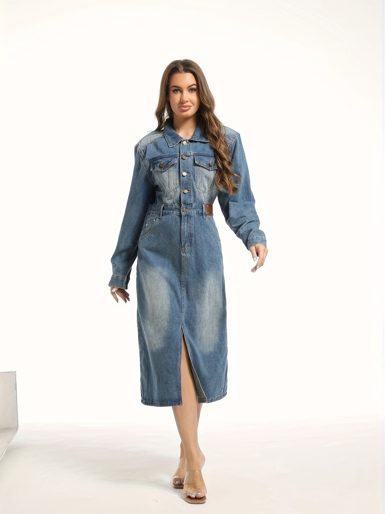 Split Hem Single-breasted Long Sleeve Denim Dress, Lapel Washed Blue Retro Elegant Denim Dress, Women's Denim Jeans & Clothing
