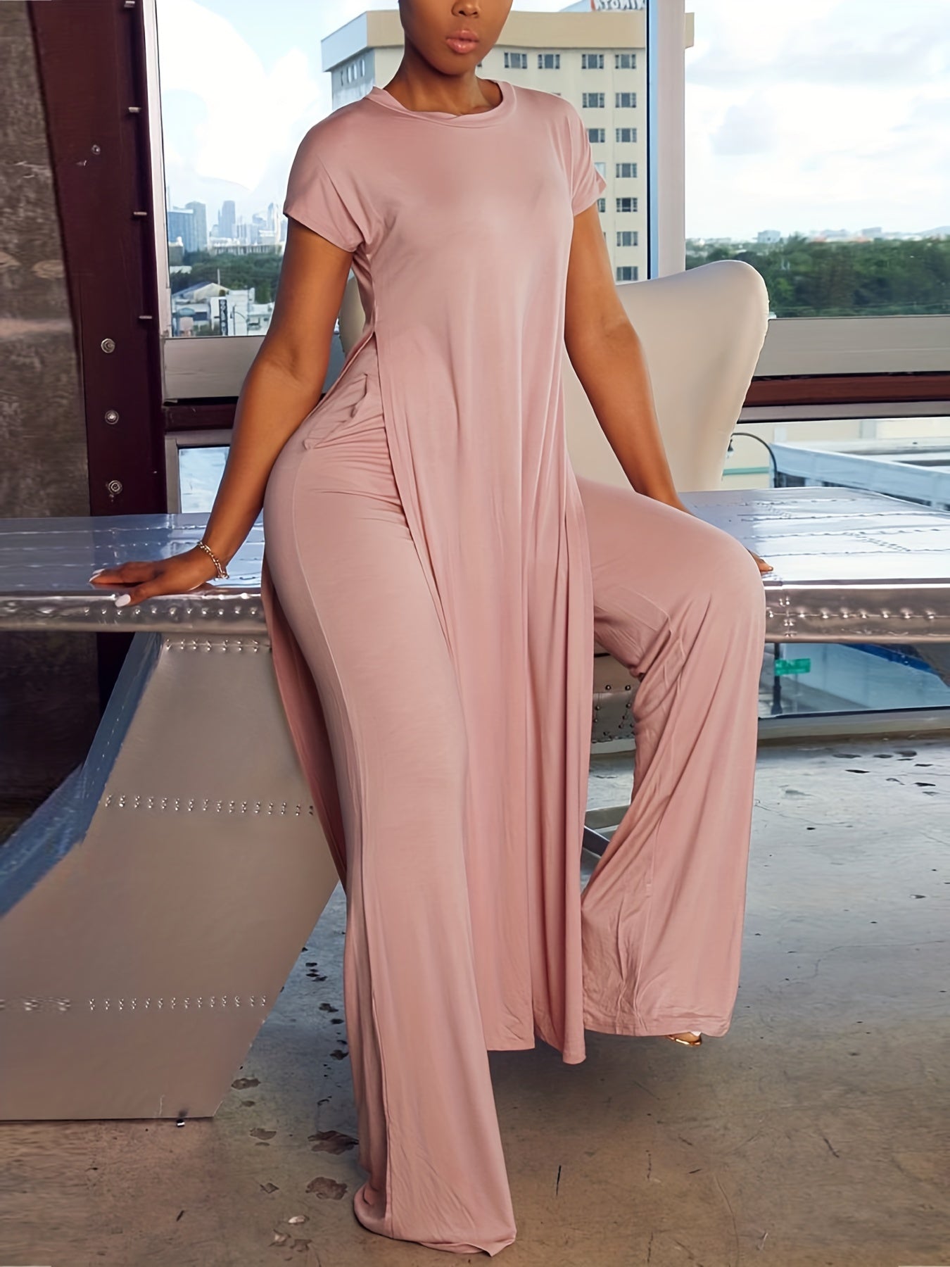 Two-Piece Casual Matching Set - Crew Neck Split T-Shirt & Wide Leg Pants Outfit with Micro Elasticity, Polyester Fabric, Solid Color, and Knit Construction for All Seasons