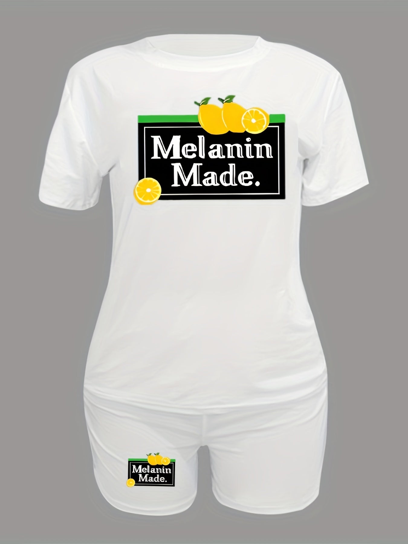 Vibrant Melanin Two-Piece Set - Short Sleeve Mock Neck T-Shirt with Casual Letter & Lemon Print, Elastic Waist Sporty Shorts for Women - Comfortable, Breathable, and Stylish Summer Outfit