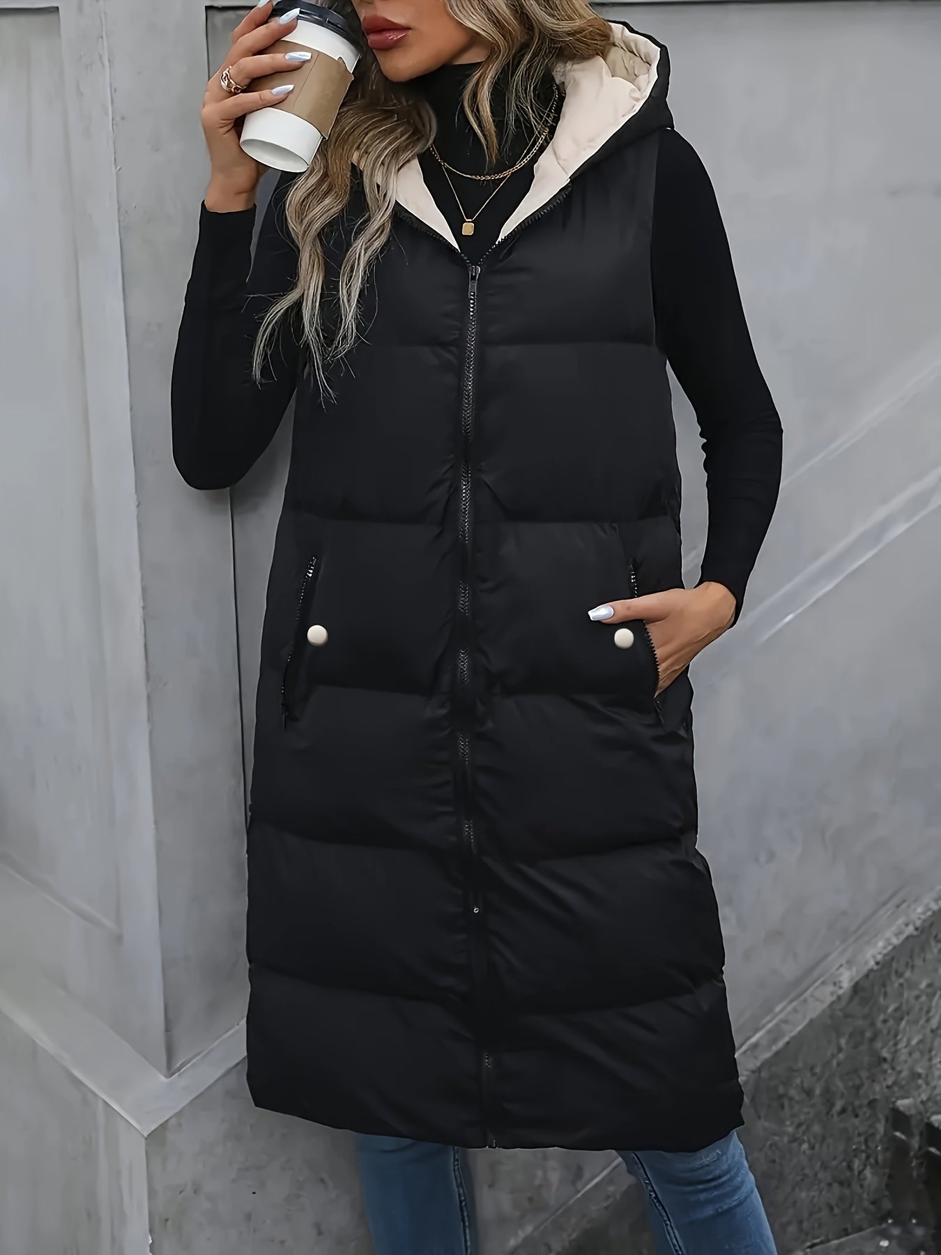 Cozy Puffy Midi Vest - Warm, Sleeveless, Zip-up Hoodie with Slant Pockets for Fall & Winter - Women's Casual Clothing for Everyday Wear