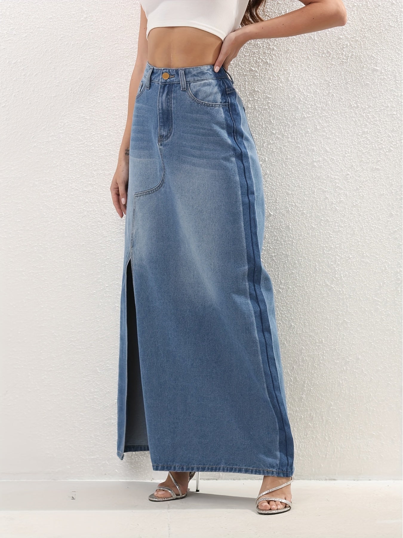 Elegant High Waist Ombre Denim Maxi Skirt with Slit | Versatile & Easy-Care - Perfect for Spring to Fall