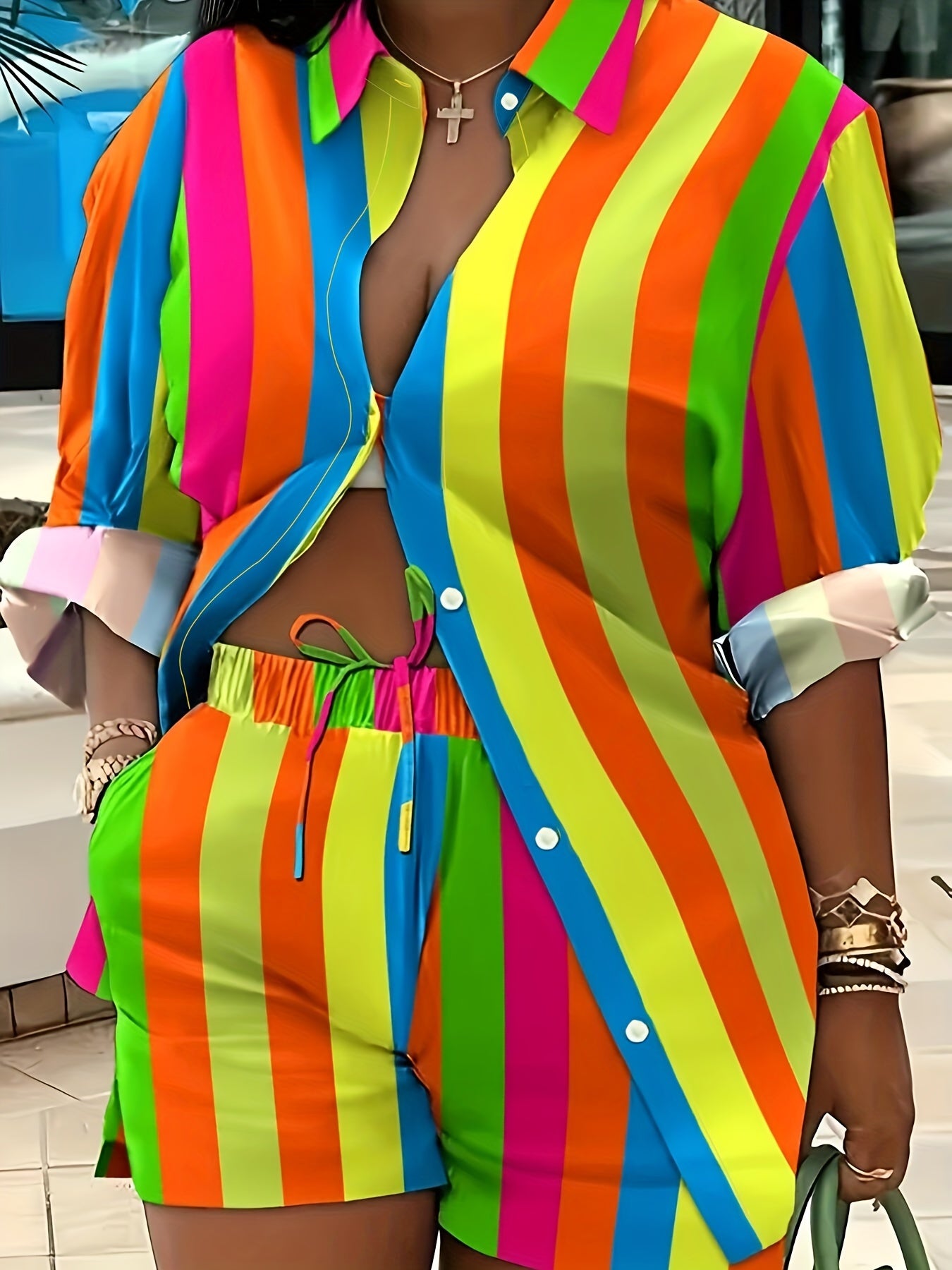 Two-Piece Colorful Stripe Print Outfit - Polo Collar Long Sleeve Button Shirt & Drawstring Shorts - Casual Polyester Clothing for Women, Machine Washable, Woven Fabric, Random Printing, Lapel Collar Style, No Elasticity, All-Season Wear