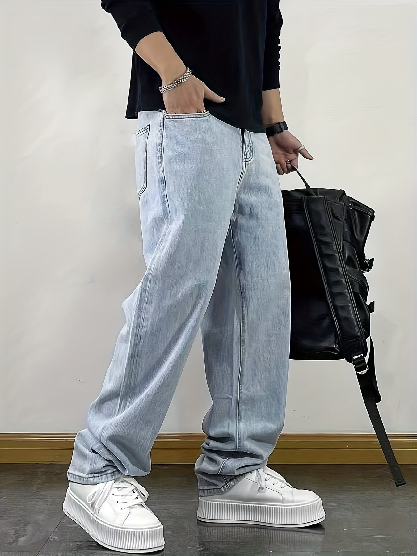 Men's Street Style Loose Fit Denim Jeans - Washed Solid Color Extra Long Straight Leg Trousers, Cotton 75%, Polyester 25%, Non-Stretch, All-Season Woven Fabric