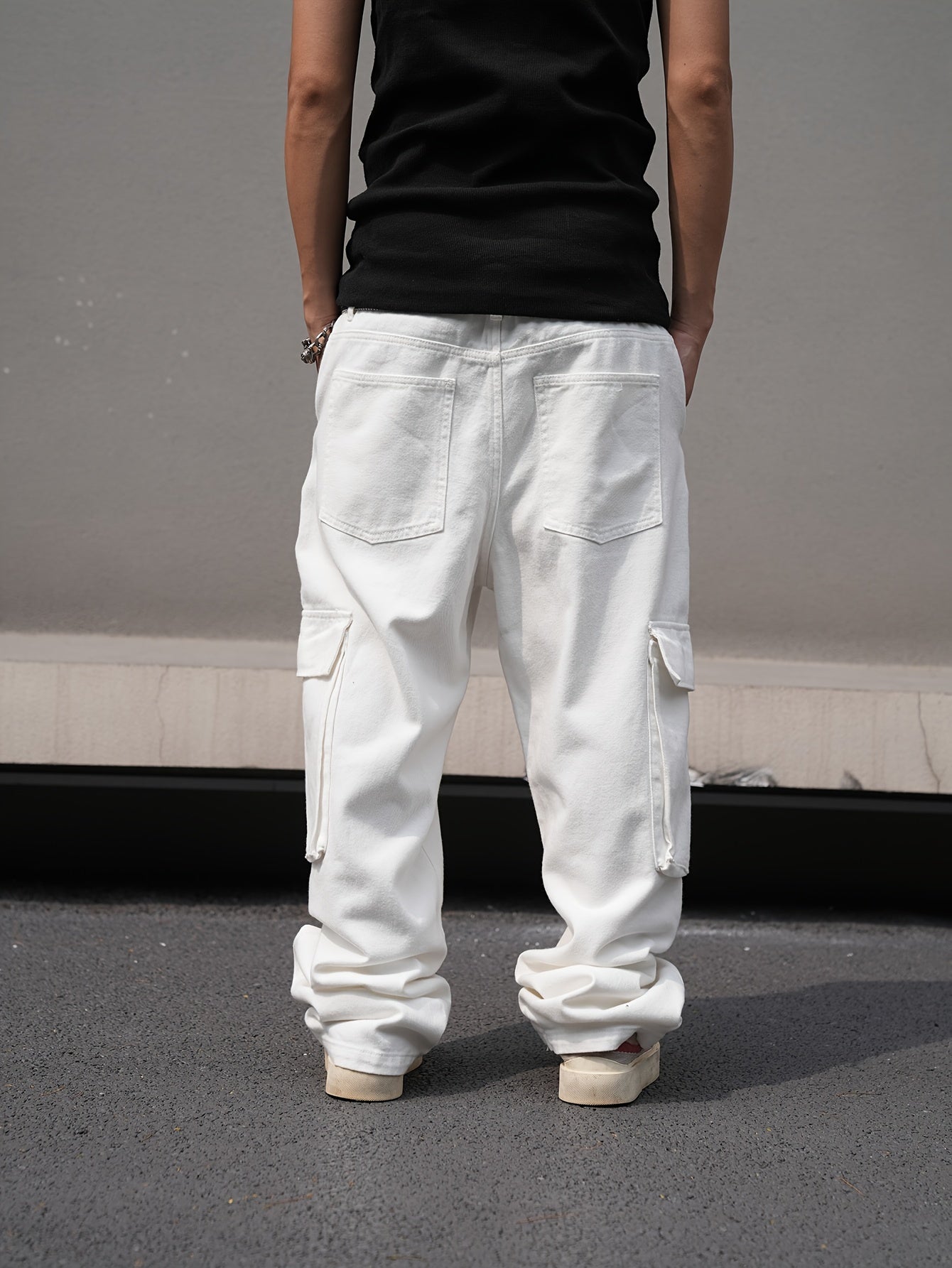 Men's Loose 100% Cotton Solid Denim Cargo Pants With Multi Pockets, Causal Jeans For Outdoor Activities
