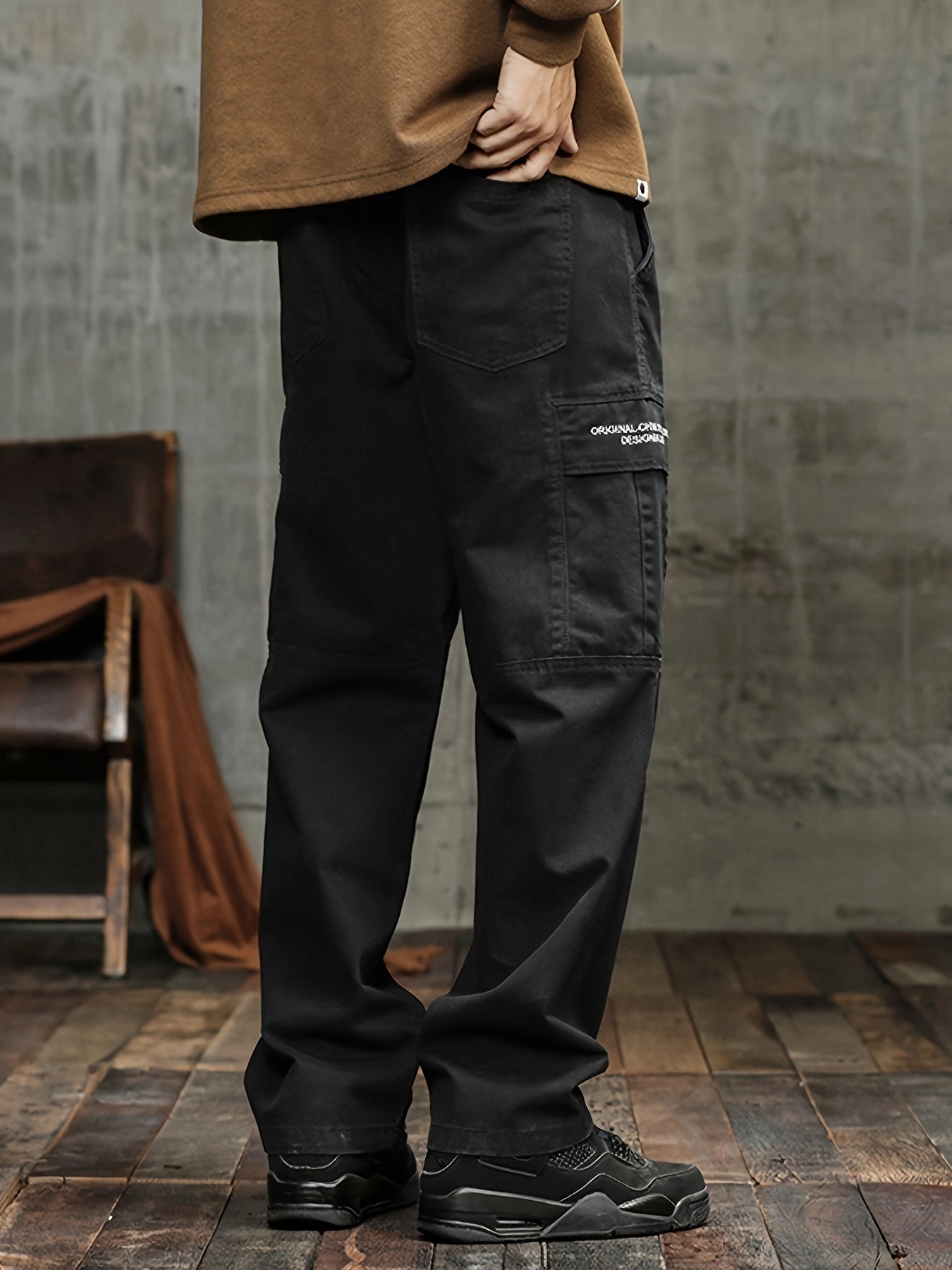 Men's Stylish 100% Cotton Loose Solid Pants With Pockets, Casual Breathable Comfy Trousers For City Walk Street Hanging Outdoor Activities