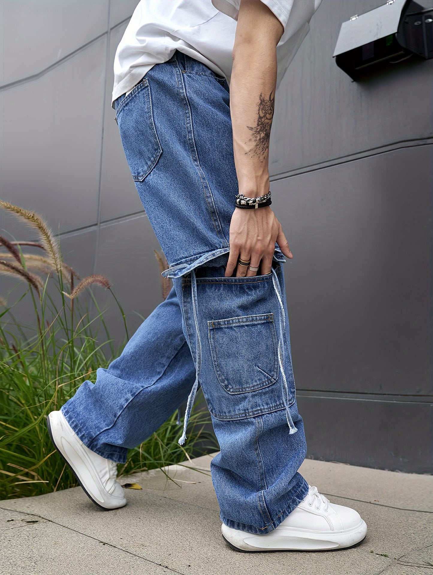 Mens Casual Loose Cargo Jeans - Solid Cotton Blend with Adjustable Drawstring & Multiple Pockets - All Seasons, Rugged for Outdoor, Leisure, and Work Wear