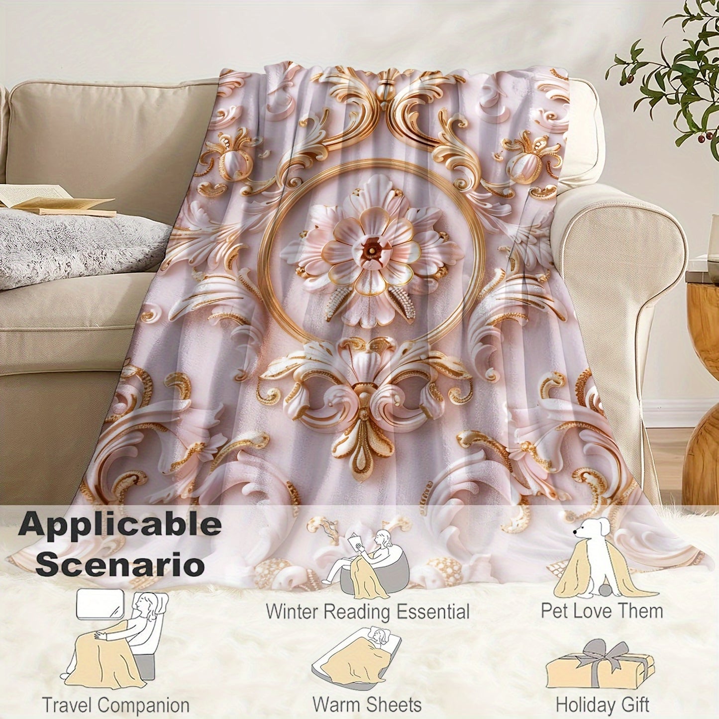 1pc Pink Flower Print Flannel Blanket, Soft And Comfortable Throw Blanket Bed, Sofa, Office, Gift, Camping And Travel, Warm Lightweight Blanket For All Seasons