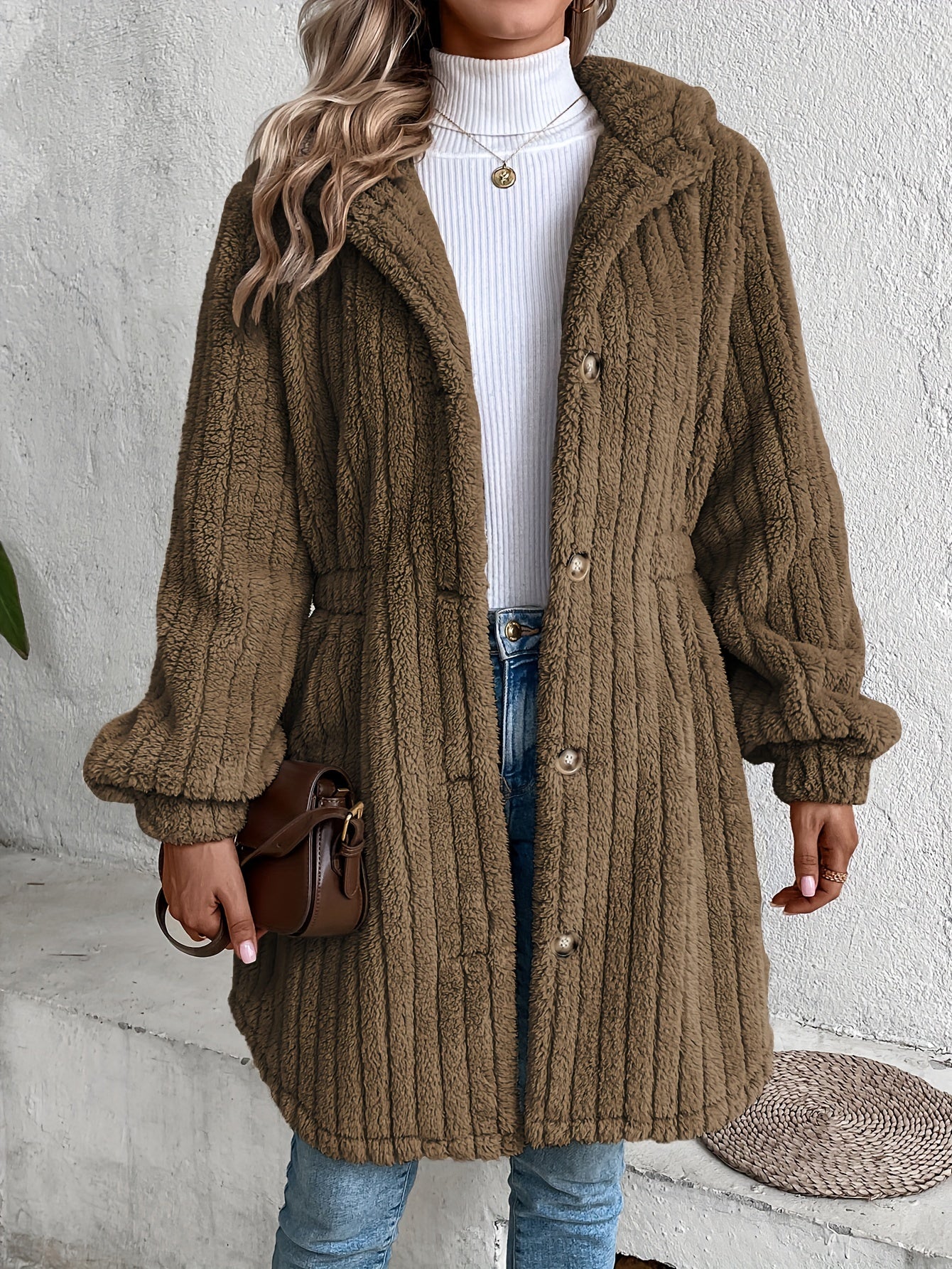 Winter Essential: Chic & Cozy Hooded Teddy Coat for Women - Durable, Easy-Care, Knit Fabric in Solid Color