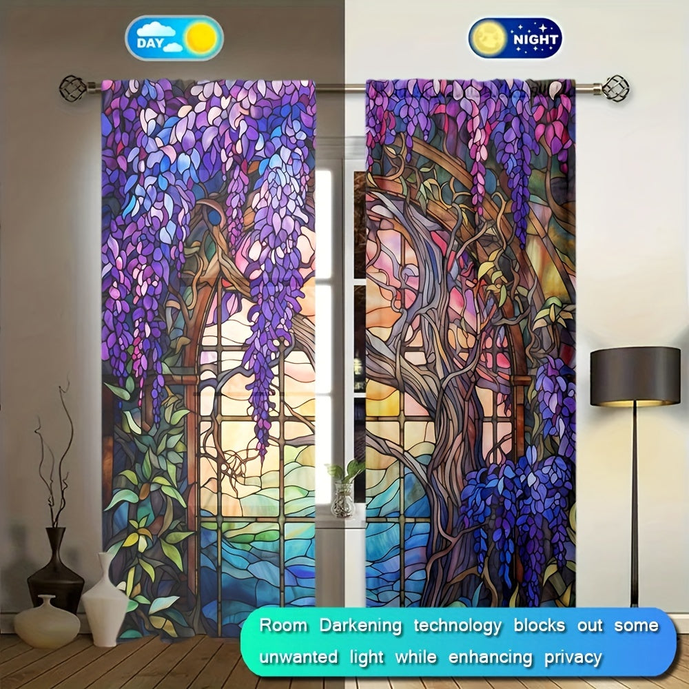 2pcs Stained Glass Flower Wisteria Printed Curtain For Home Decor Rod Pocket Window Treatment For Bedroom, Office, Kitchen, Living Room, And Study