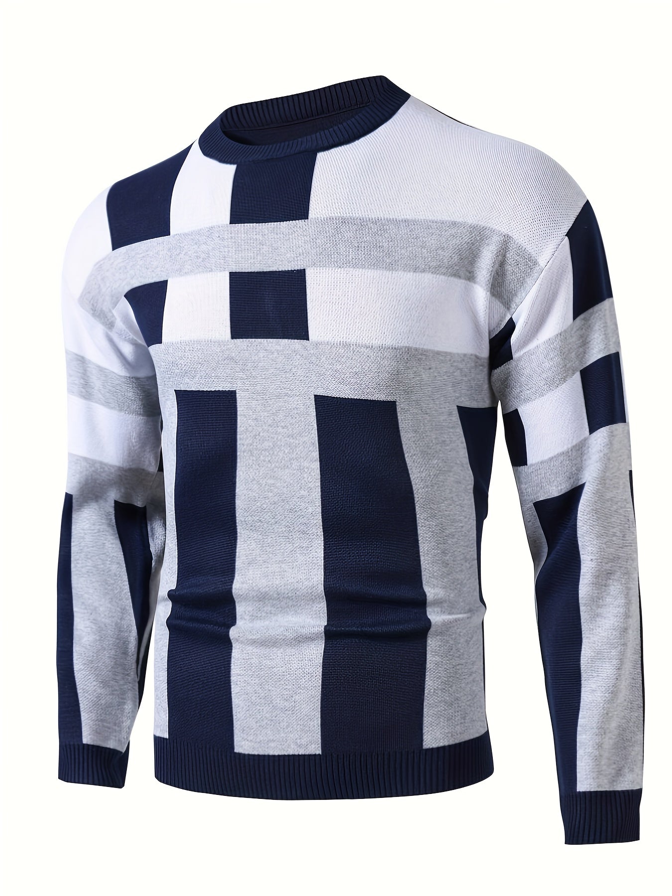 Mens Stylish Color Block Round Neck Stretch Sweater - Soft, Warm, and Trendy Pullover for Winter Outdoor Activities - Perfect for Casual Wear