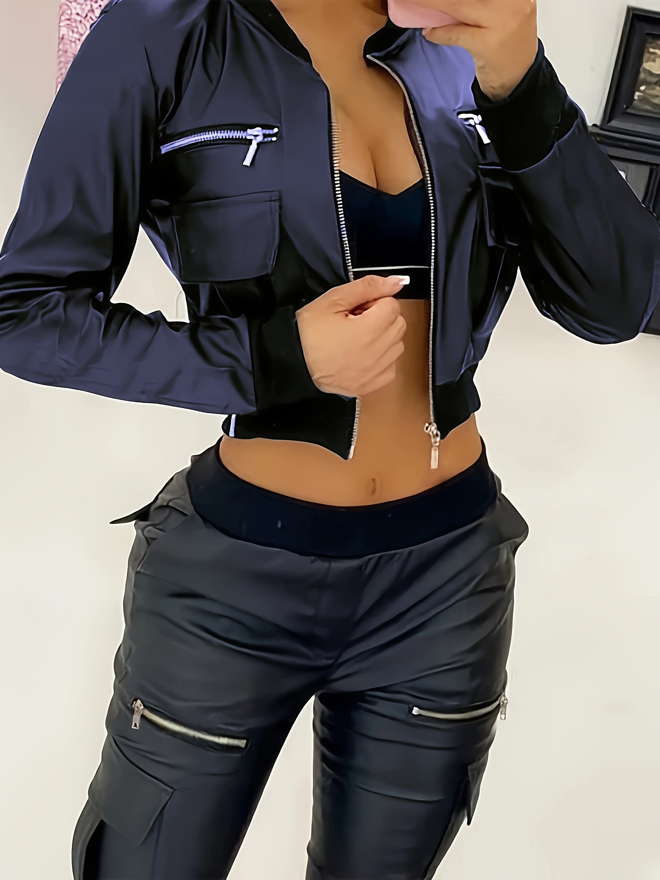 Trendy Solid Crop Jacket - Long Sleeve, Zipper Front, Y2K Inspired, Perfect for Spring & Fall, Women's Fashion Clothing for Casual Daily Wear