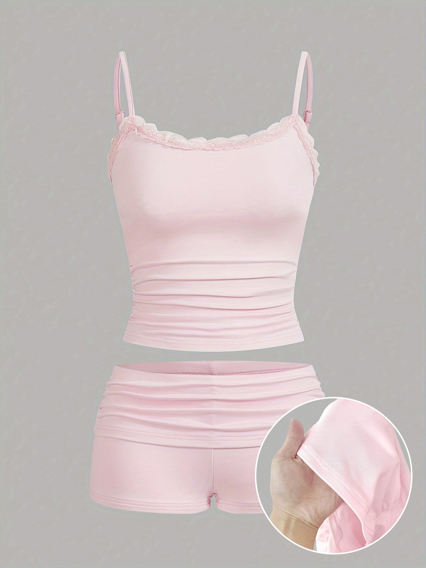 Solid Color Casual Shorts Set, Lace Trim Spaghetti Strap Cami Top & Skinny Shorts Outfits, Women's Clothing