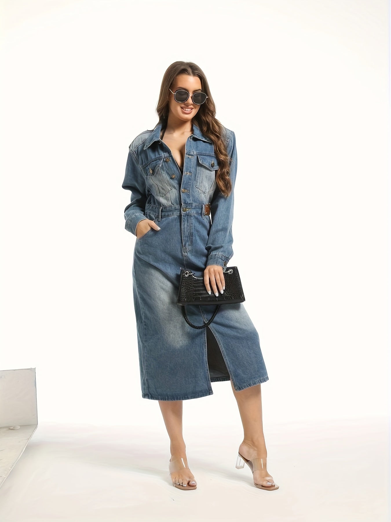 Split Hem Single-breasted Long Sleeve Denim Dress, Lapel Washed Blue Retro Elegant Denim Dress, Women's Denim Jeans & Clothing