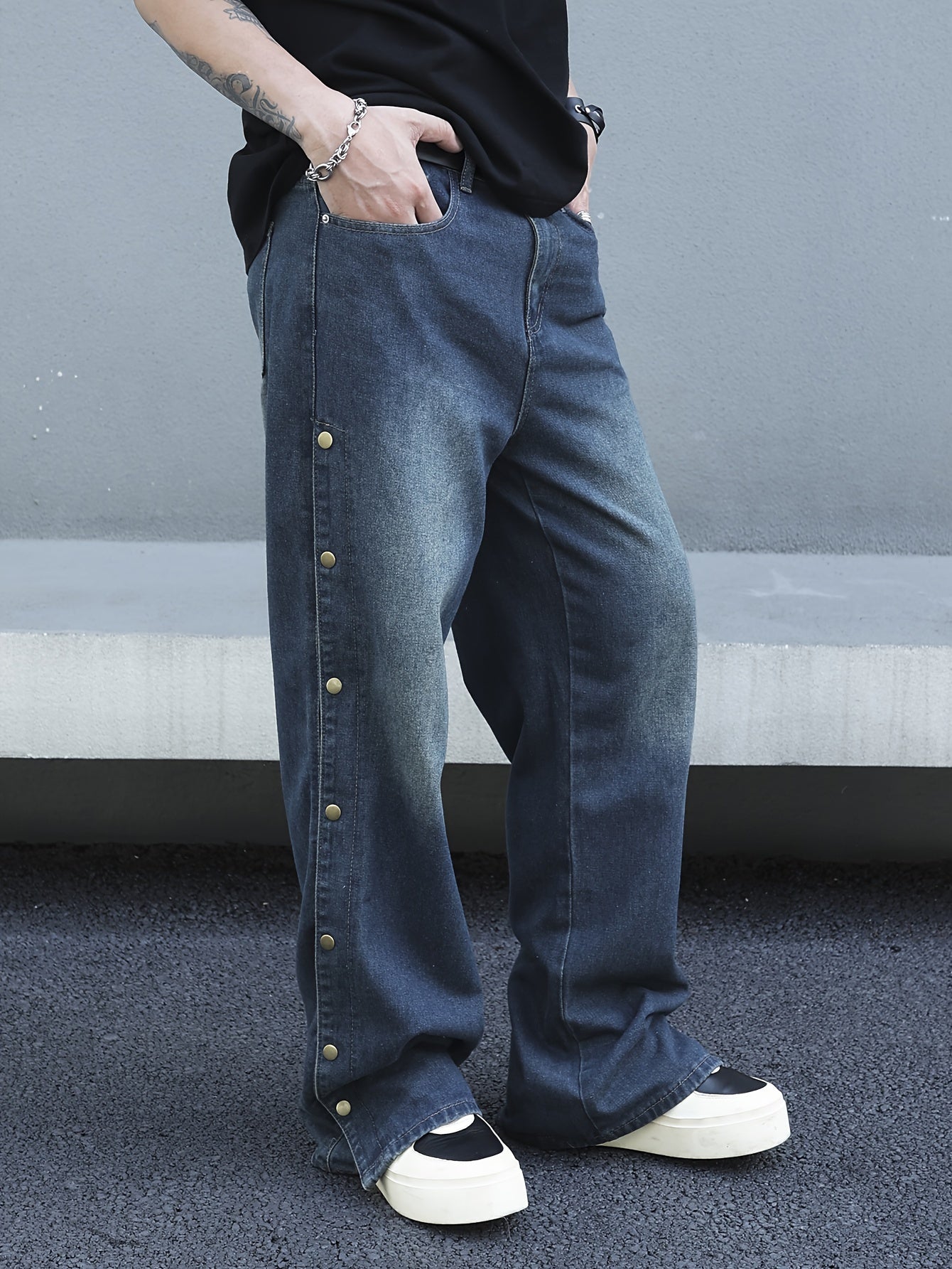 Men's Comfy Loose Fit Wide Leg Jeans - Stylish Fancy Button Detail, Soft Denim, Breathable, Street Style Fashion, Perfect for Casual Daily Wear