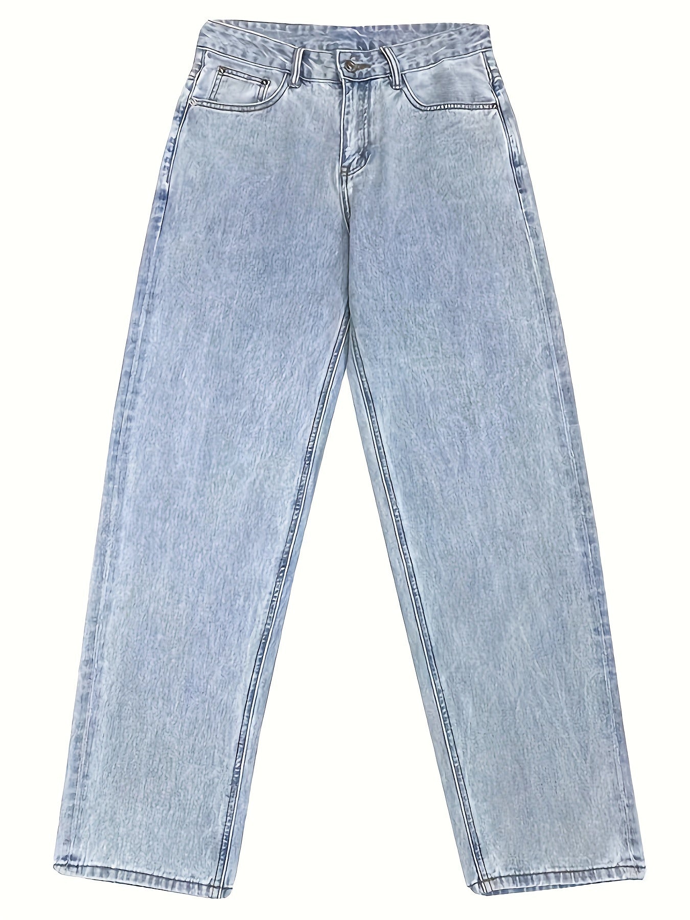 Men's Street Style Loose Fit Denim Jeans - Washed Solid Color Extra Long Straight Leg Trousers, Cotton 75%, Polyester 25%, Non-Stretch, All-Season Woven Fabric
