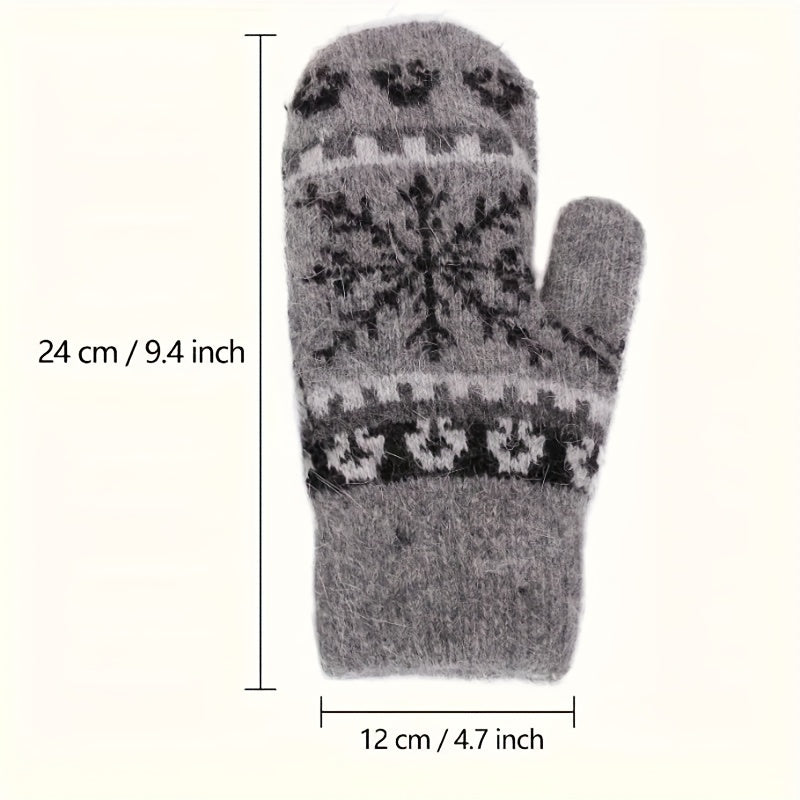 Winter Warm Knit Gloves with Snowflake Design and Faux Rabbit Fur Lining - Elastic, Ideal for Outdoor Activities, Perfect Gift