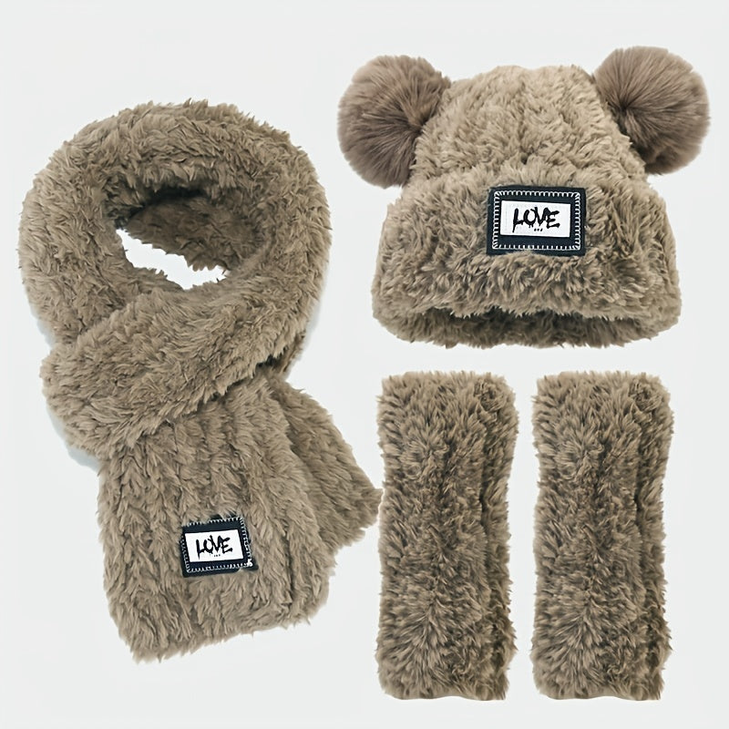 2pcs+1pair/set Labelled Lettering Double Balls Knit Hat & Scarf & Gloves For Autumn And Winter Outdoor, Ideal choice for Gifts