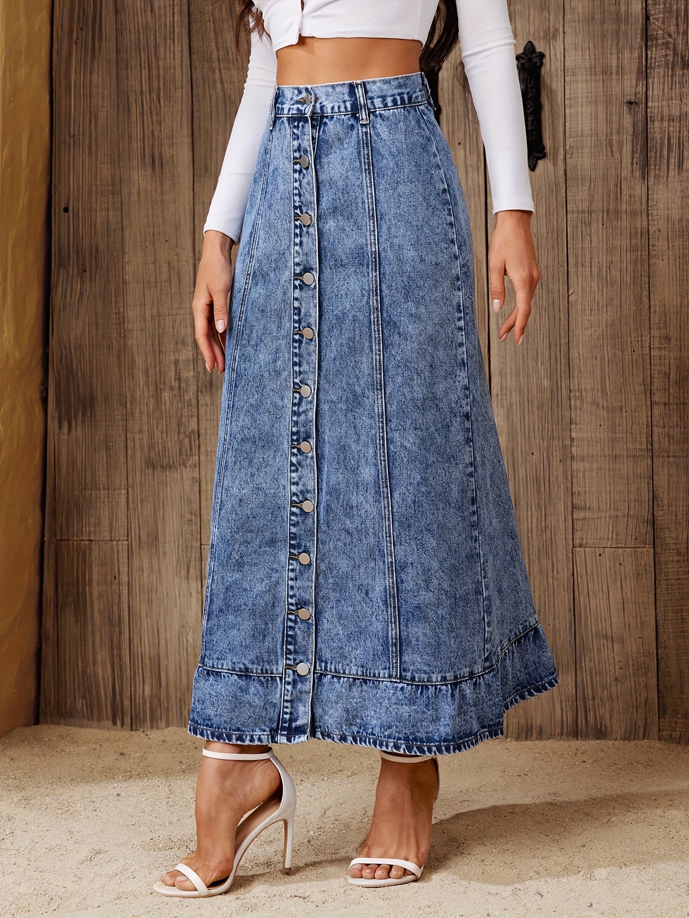 Vintage Washed Denim Maxi Circle Skirt - A-Line Single-Breasted Button Front, Frayed Hem, Non-Stretch, Solid Color, Woven, Casual Retro Style Jean Skirt for Summer - Customized, No Printing, No Sheer