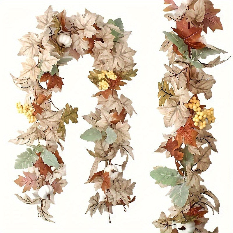 1 Fall Pumpkin Wreath, 71.1 Inch Faux Maple Pumpkin Berry Vine Wreath with Pumpkin Maple Wreath, Perfect for Weddings, Thanksgiving Tables, Farmhouse Decorations