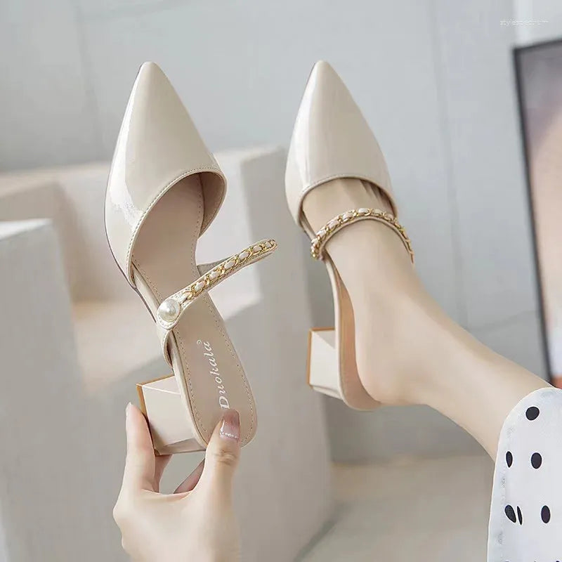Slippers Summer Fashion Baotou Half Women Wear Pointed Thick Heel Women's Shoes In