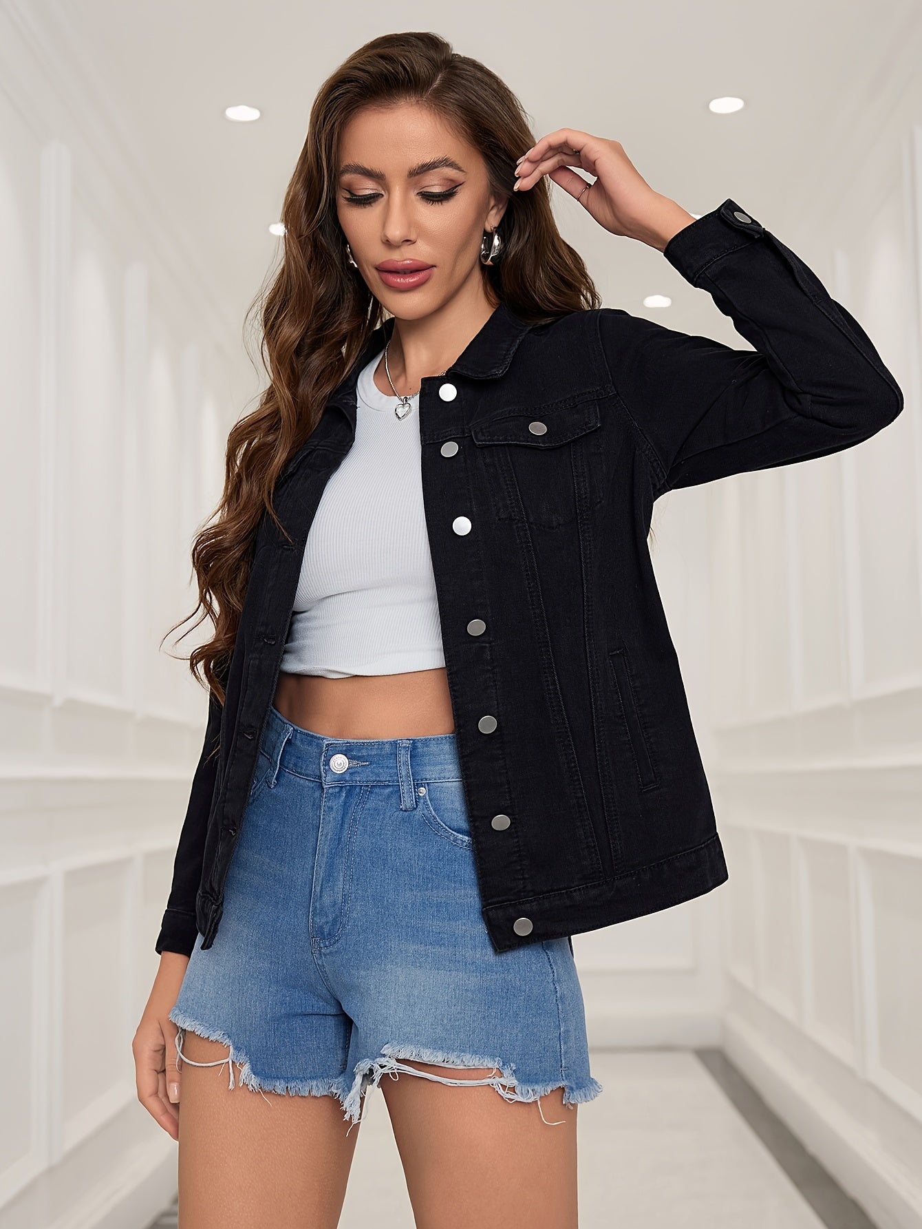 Versatile All-Season Solid Denim Top - Casual, Chic, Non-Sheer, Easy Maintenance for Everyday Comfort