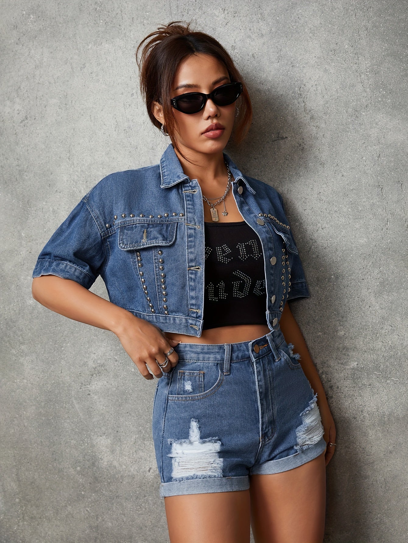 Stylish Denim Top - Sleek Short Sleeves, Eye-Catching Studded Accents, Classic Lapel Collar, Timeless Single-Breasted Design, Relaxed Fit for Everyday Wear - Womens Fashion, Part of Our Denim Collection