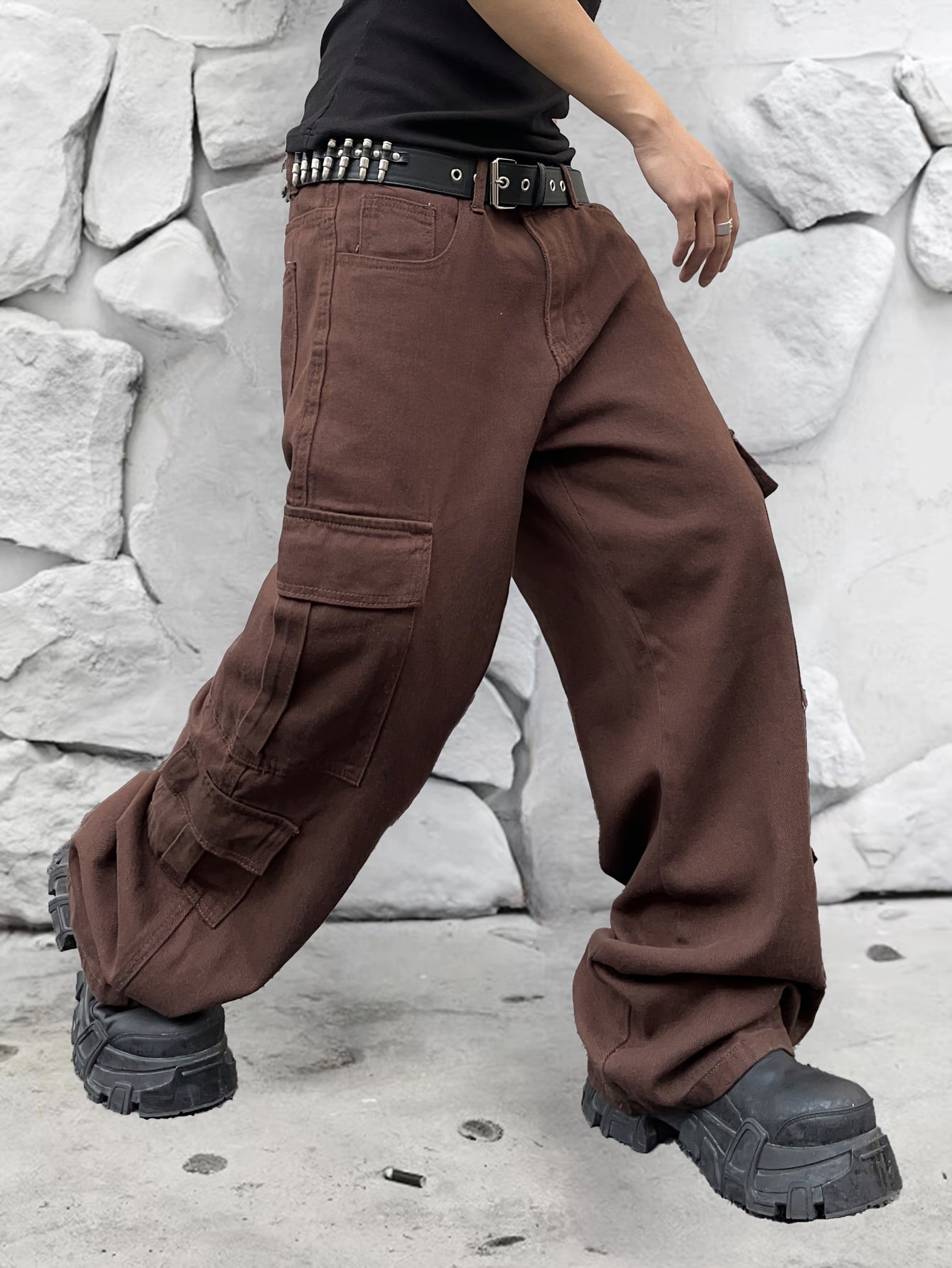 Street Style Solid Wide Leg Cargo Denim Pants For Men, Leisure Trendy Jeans For Males