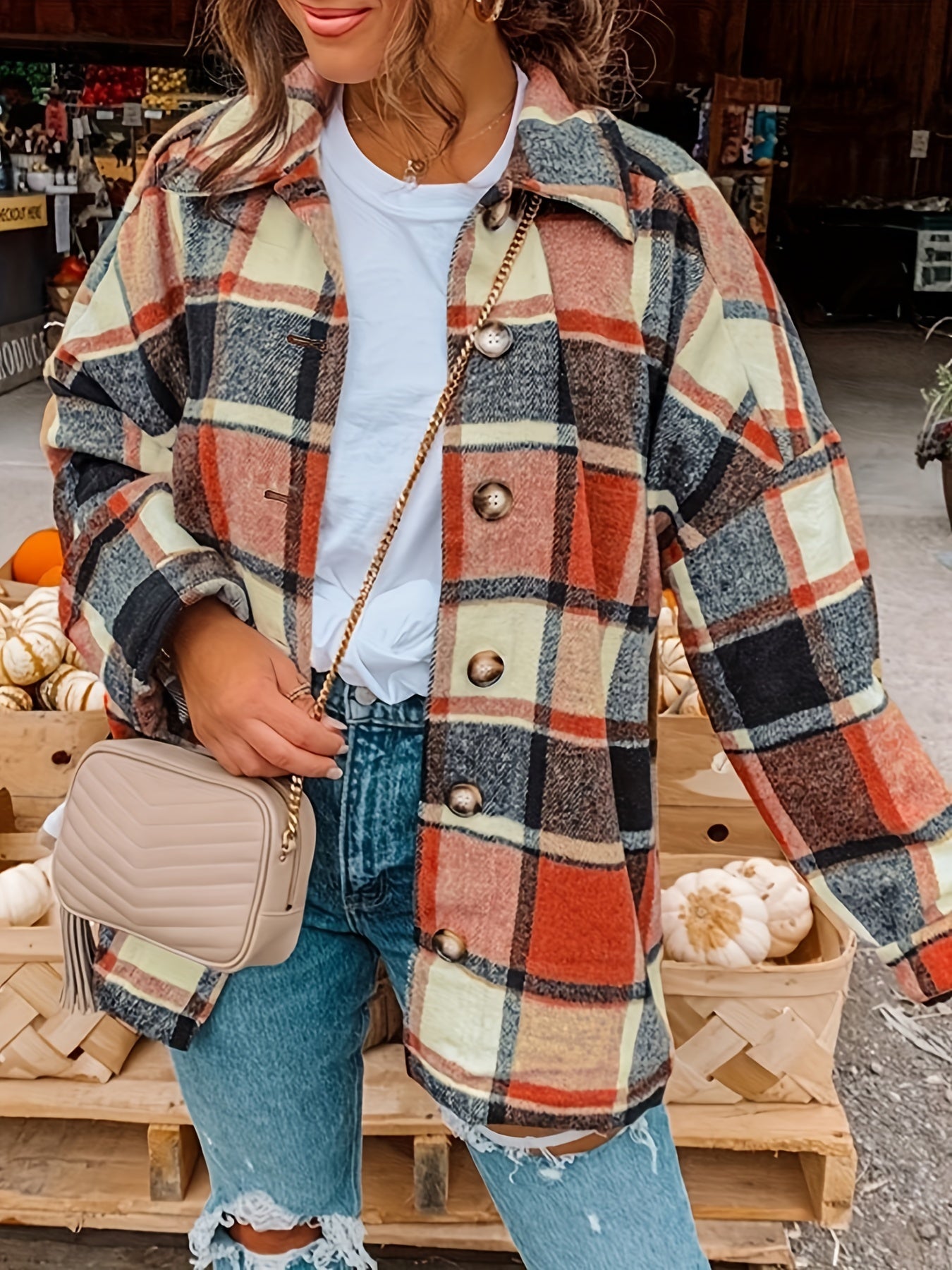 Plaid Shacket with Lapel Collar - Soft Slight Stretch Tweed Fabric, Loose Fit, Micro Elasticity, Random Printing, Perfect for Fall & Winter - Womens Casual Long Sleeve Bomber Jacket