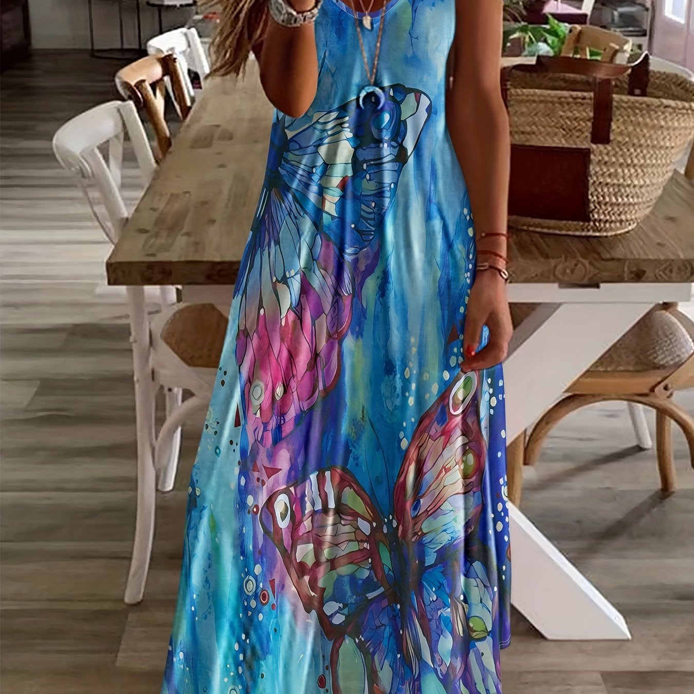 Butterfly Print V-Neck Casual Dress - Lightweight & Feminine for Spring & Summer - Short Sleeve, Comfortable Fit - Trendy Womens Clothing for Warm Weather