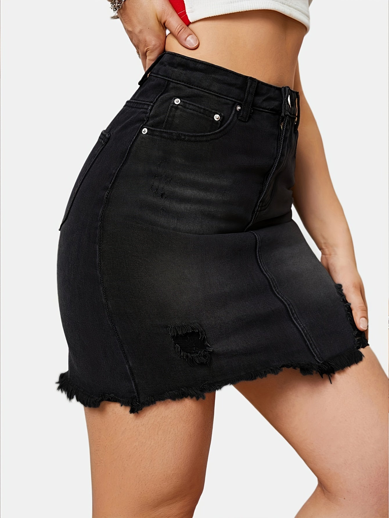 Medium Stretch High-Waist Ripped Denim Skirt - Casual Summer Fashion with Frayed Hem, Solid Black Color, Brief Length, and Hand Washable - Perfect for Slim Fit Women