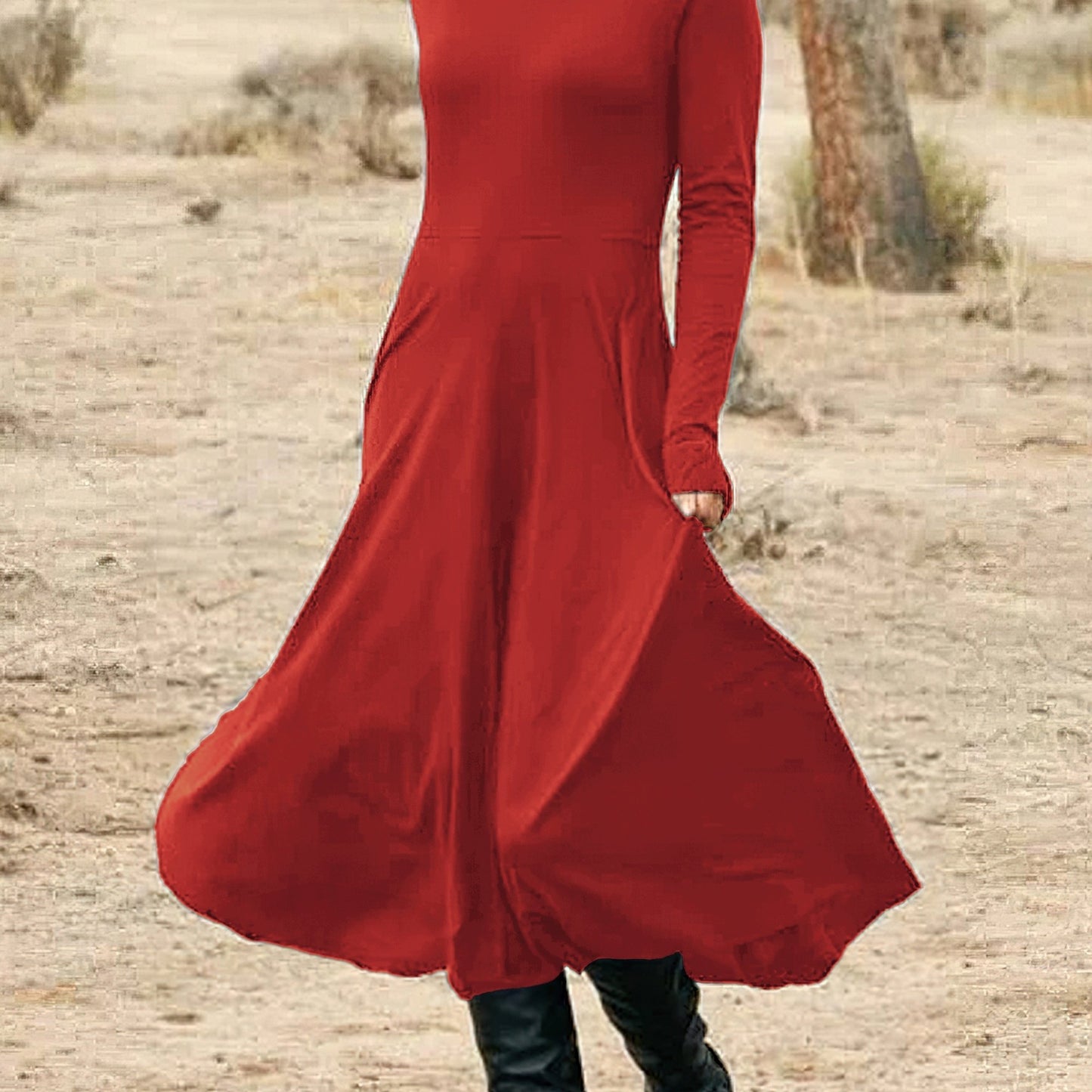 Midi Solid High Neck Long Sleeve Elegant Daily Dress for Women - Comfortable, Versatile, and Chic Clothing for Work, Date, or Casual Occasions - Perfect for Spring, Summer, and Autumn Seasons