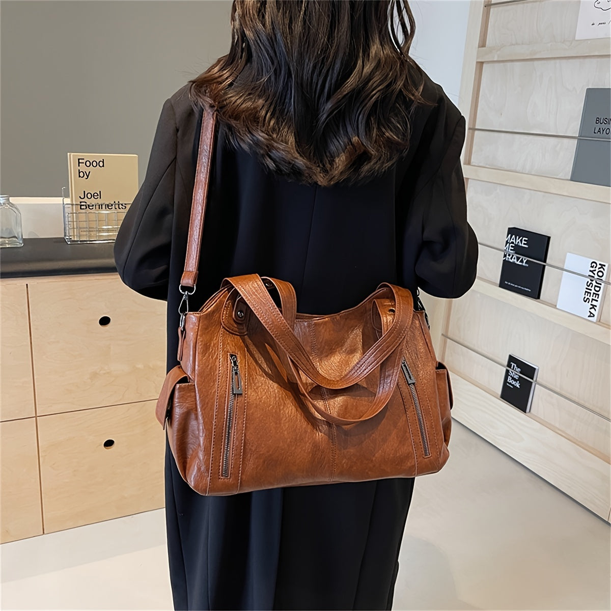 Soft Casual Women's PU Leather Tote Bag - Adjustable Strap Shoulder Bag with Zipper Closure, Spacious Vintage Style Handbag for Work and Commuting