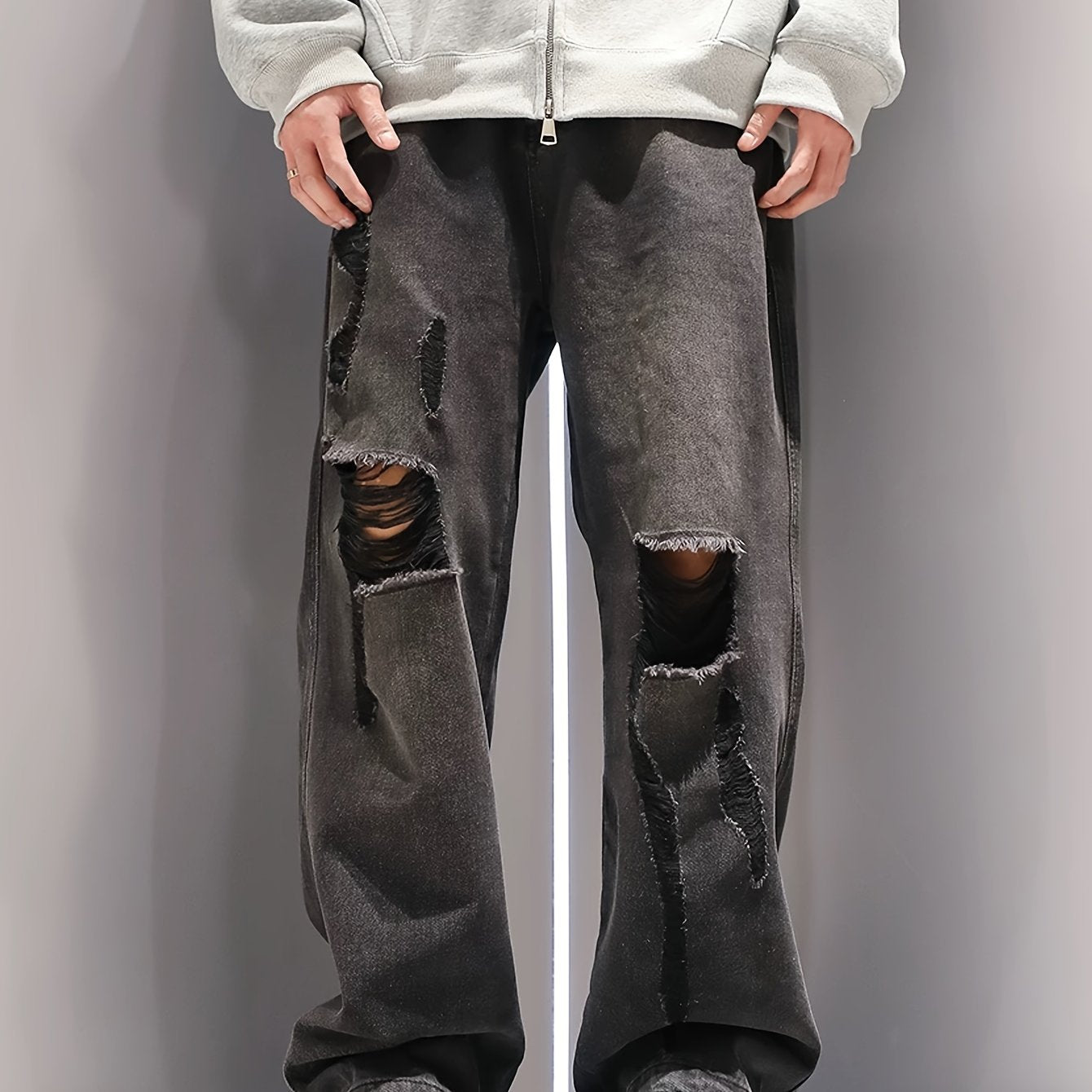 Men's Loose Fit Wide Leg Ripped Jeans, Men's Stylish Comfy Denim Pants, Street Style Fashion